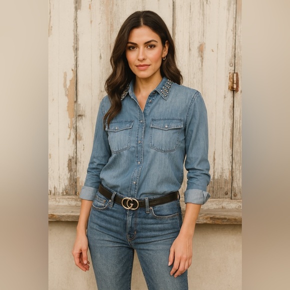 EUC MICHAEL Michael Kors Women’s Denim Button Down Shirt w/glam collar Sz XXS - Picture 1 of 10